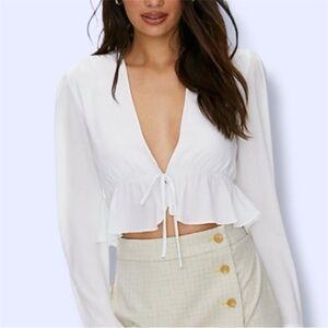 Aritzia White Long-Sleeve Peplum Tie-Front Blouse